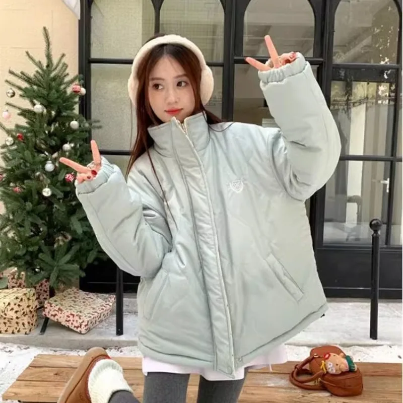 Korean Fashion Simple Floral Printed Cotton Jacket Women Winter Thickened Warm Loose Casual Two Sided Wear Sweet Outerwear Coats