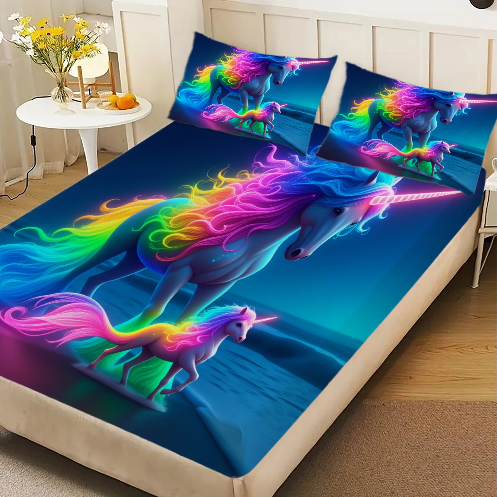3PCS Fitted Sheet Sets Hores Printed Flat Sheet With Pillowcases Rainbow Gradient Color Playful And Magical Style For Children