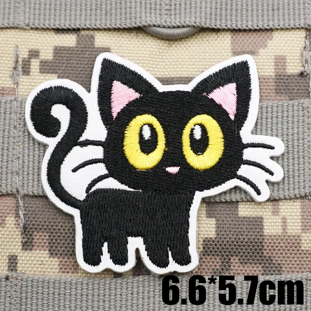 Cartoon Little Black Cat Military Tactical Embroidered Patches Armband Backpack Badge with Hook Backing for clothing