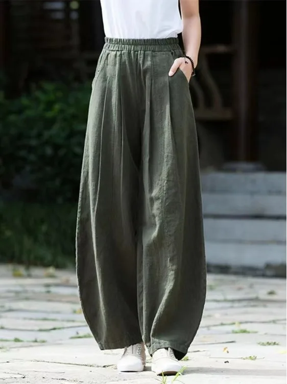 

Retro Sle Wide Leg Pants Loose Fit Ladies High Waist Hemp Linen Loose Lantern Pants Bend Knife Pants Spring Autumn New Sle