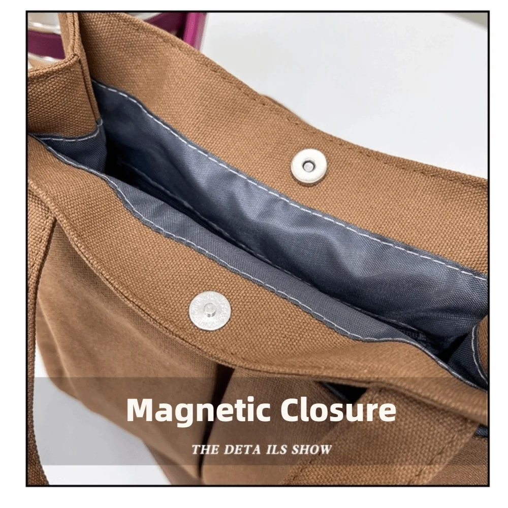 Casual Style Solid Color Canvas Handbag Multi Pocket Durable Handle Bag Eco-Friendly Lightweight Lunch Box Bag Daily Use