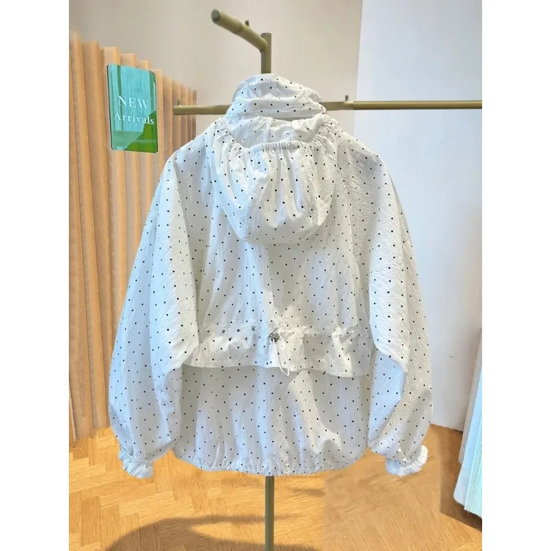 Ropa de protección UV con capucha de lunares para mujer, ropa informal holgada de verano, ropa de abrigo antienvejecimiento con cierre de cremallera, larga Sve