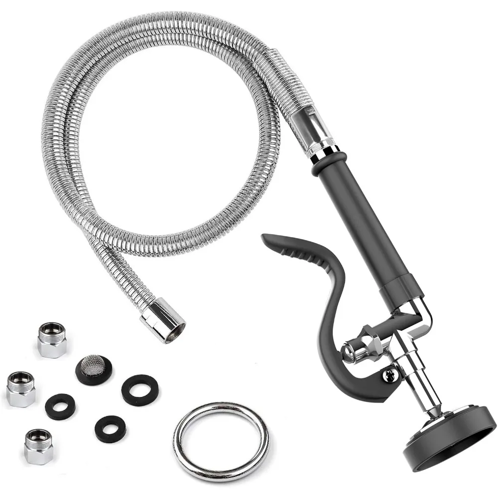 Commercial Pre Rinse Spray Valve with 45 Inch Flexible Stainless Steel Hose and Adapters Polished Chrome Black