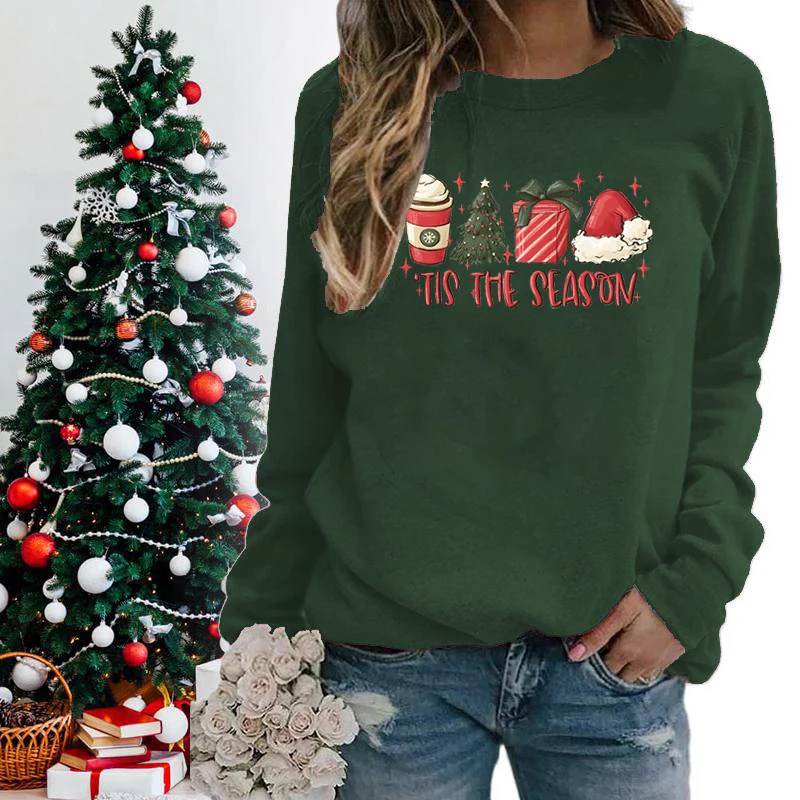 Christmas Tis The Season Crew Neck Sweatshirts For Women Winter Casual Sport Outdoor Long Sleeve Hoodless Pullovers