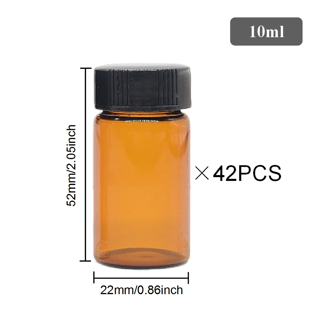 42PCS 10ml Glass Vial Mini Amber Glass Vial Essential Oil Bottles with Caps for Essential Oils, Chemistry Lab Chemicals