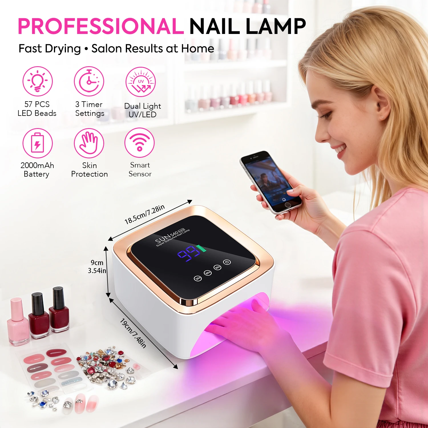 コードレス UV/LED ネイルランプ (57 ビーズ) – 3 タイマー設定、取り外し可能なベース、2000mAh 充電式バッテリー