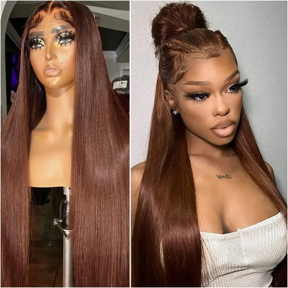 

40 inches #4 Chocolate Brown Lace Front Wigs For Women 13x6 Hd Straight Lace Frontal Brazilian Colored 100% Human Hair Wig 200%