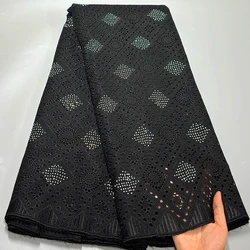 Black African Satin Cotton Dry Dubai Lace Fabric High Quality 2024 Swiss Voile Lace Nigerian Polish Stones Lace Fabric For Dress