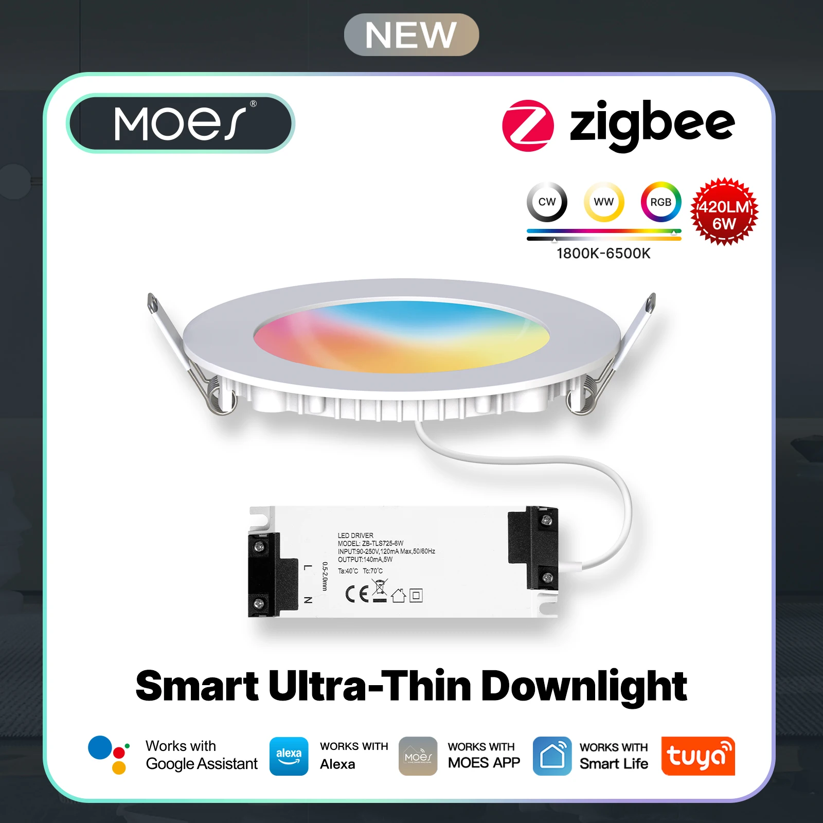 MOES Ultra Thin Smart Downlight 6W, ZigBee RGB Color Changing, Works with Alexa/Tuya/Google, Warm to Cool White Light