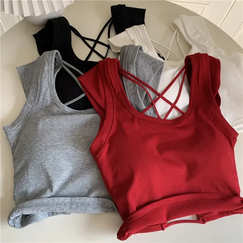 Casual Sleeveless Crop Top with Pad Summer Women Backless Korean Bra Corset Top Fashion Square Neck Solid Color Bustier Tank Top