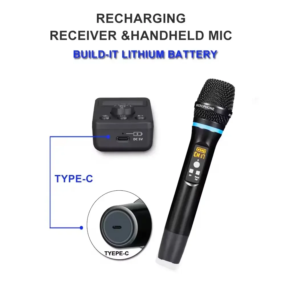 UHF Dual Wireless Dynamic Karaoke Microphone Anti-Howling Rechargeable Receiver Plug Play Microphone Set Built-in Lithium 2024