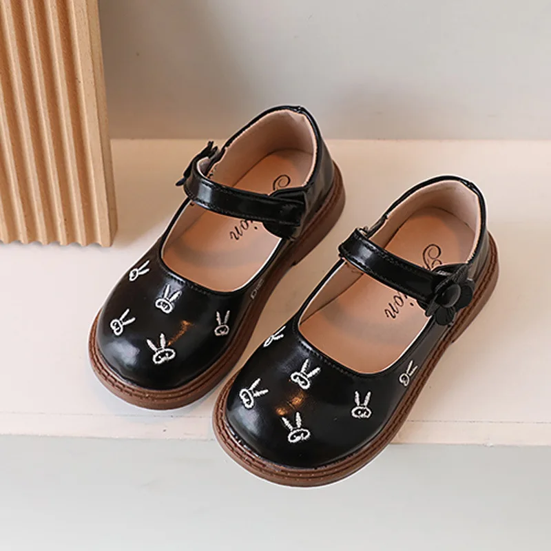 2023 New Bunny Embroidery Girls Leather Shoes Brown Beige Black Japanese Style Children Moccasin Shoes Soft Princess Kids Shoes