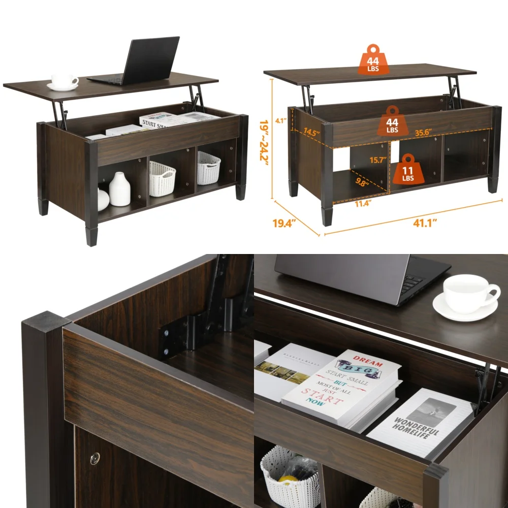

Café TablesLift Top Coffee Table with Hidden Storage and Shelf Space