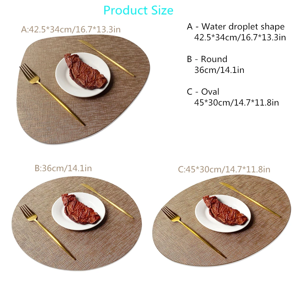 Metal Patterned Double-sided Circular Oval Droplet Shaped Placemats,PVC Leather Insulated,Waterproof,Non Slip Dining Table Mats
