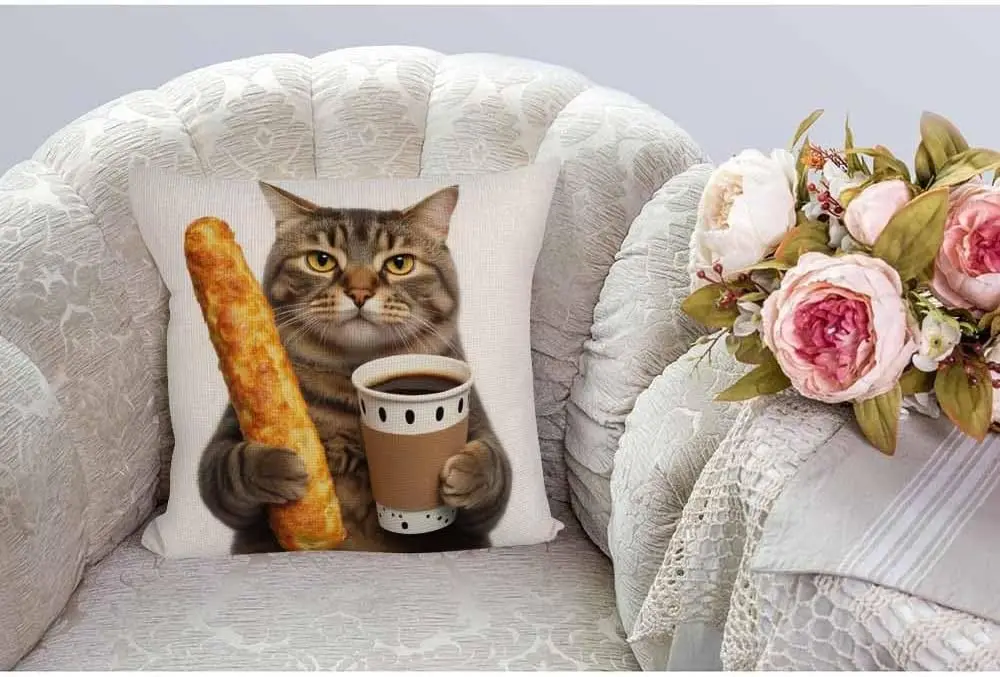 Funny Cat Holding Bread Pillowcase, Cute Tabby Coffee Cushion Cover, Pet Lover Home Decor, Realistic Animal Print Sofa Throw