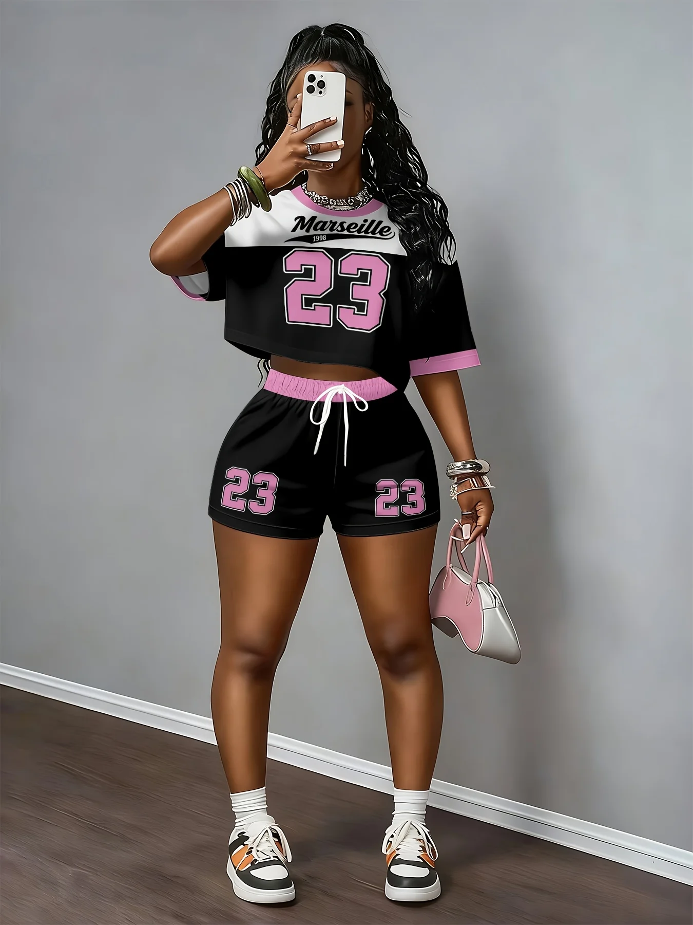 2026 New Women's Crop Top Set Fashionable Hip Hop Trendy Two-Piece Set Sports Fitness Outdoor Street Style Short-Sleeve Set