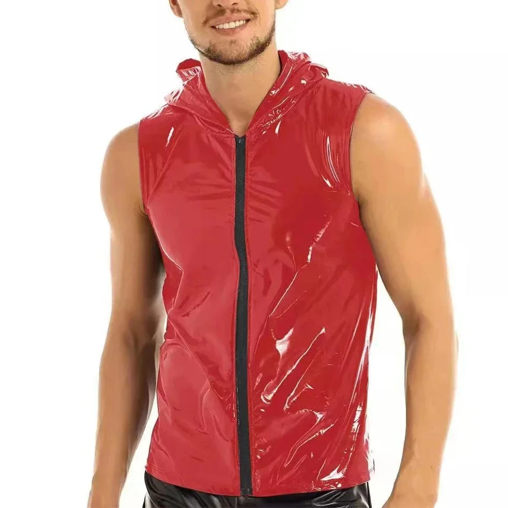 Summerwear for Men Hooded Sleeveless T Shirt Faux Leather Wet Look Regular Length Tank Top Solid Pattern Crop Top