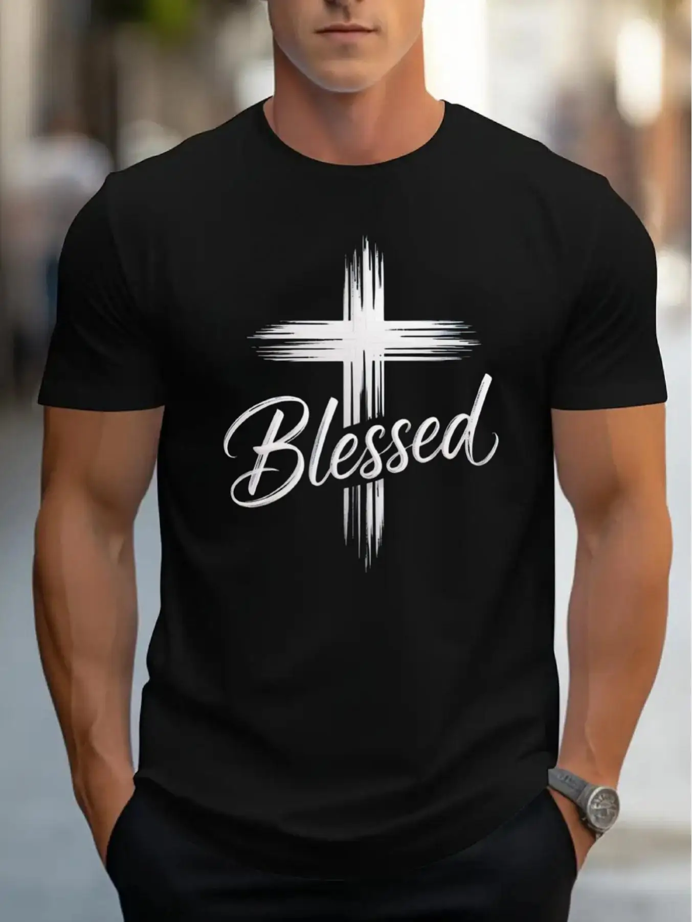 Men's Black Crew Neck T-Shirt, Featuring a Cross Blessing Pattern on the Chest, Suitable for Everyday Wear, Suitable for All Seasons, and Ideal for Holidays Such as Christmas, Easter, Halloween, and Thanksgiving