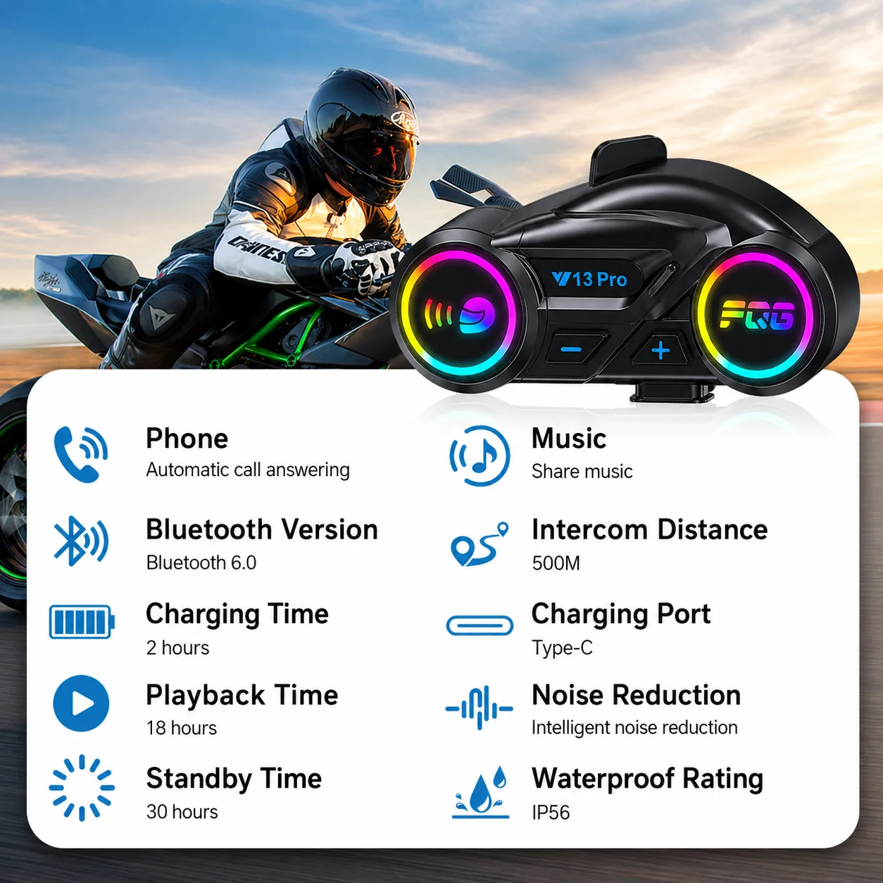 V13 Pro Motorcycle Helmet Bluetooth Intercom, Wireless Helmet Headset with Music Sharing and Voice Assistant
