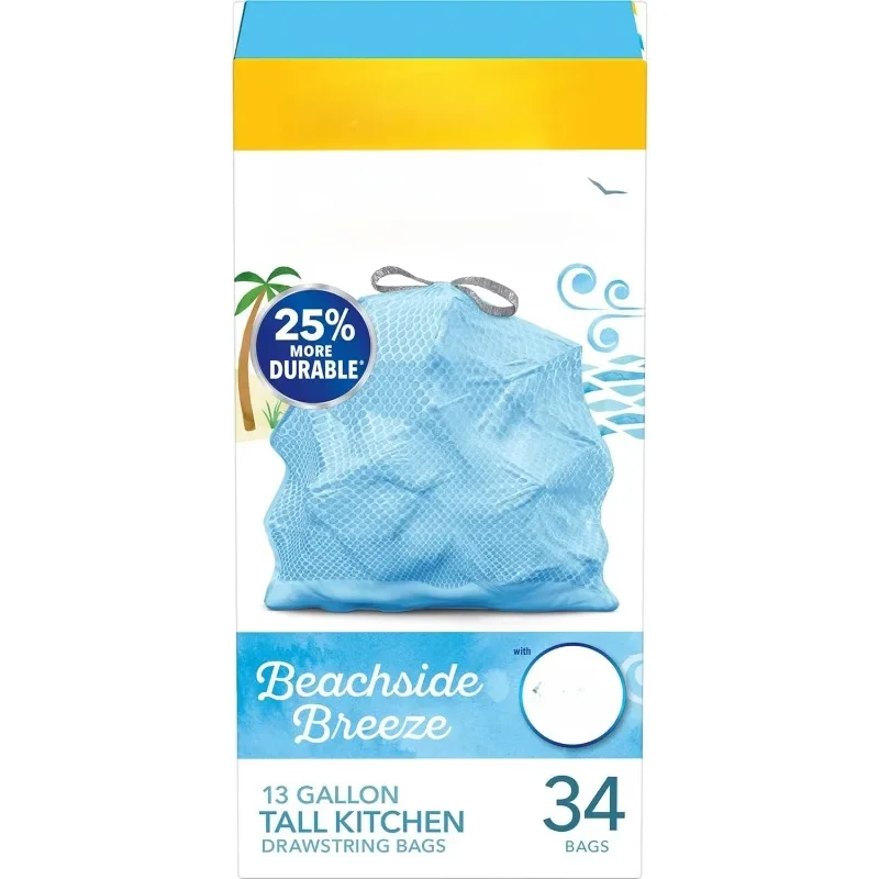 

Trash Bags,Tall Kitchen Drawstring Garbage Bags, 13 Gallon, Beachside Breeze, 34 Ct