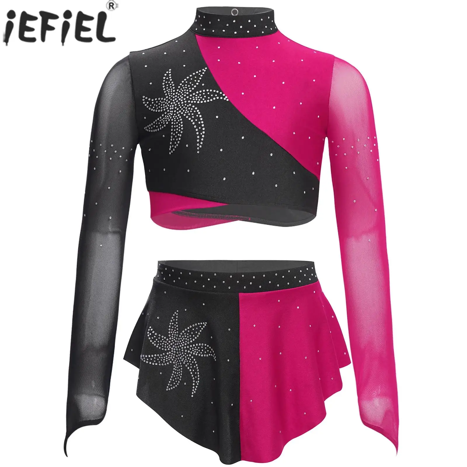 Girls Shiny Rhinestone Modern Lyrical Dance Outfit Long Sleeve Crop Top Leotard Skirt Figure Skating Ballet Performance Costume