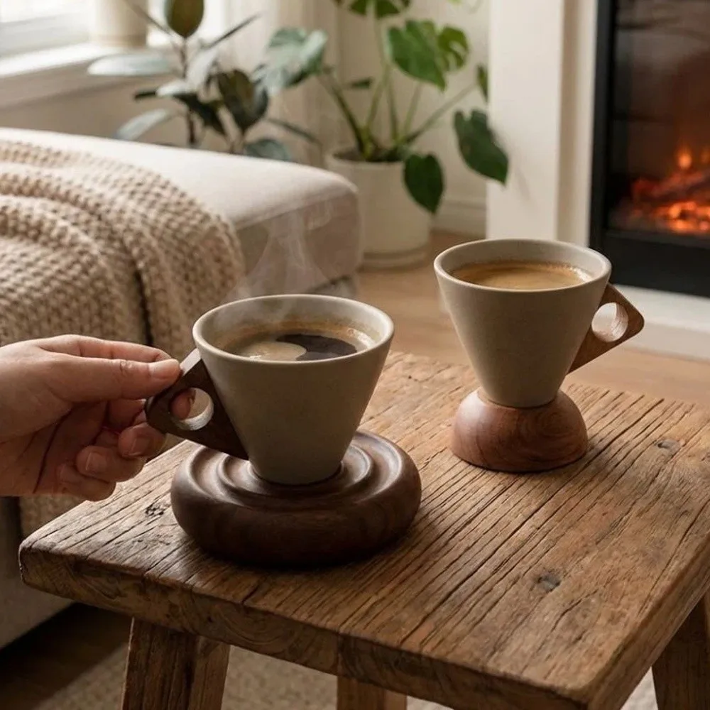 Coarse Ceramic Triangular Cone Cup Retro Style with Handle Vintage Pottery Mug Handmade Espresso Cup Japanese Ceramic Mug