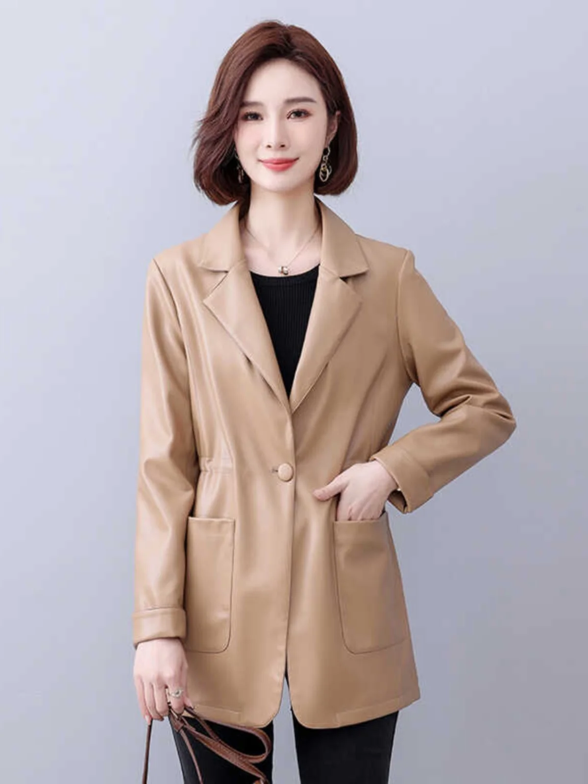 2025年新作 レディース 本革 ジェットスキン ロング丈 ウエストシェイプ スーツコート カジュアル 通勤 スリム ルーズフィット ロングスリーブ