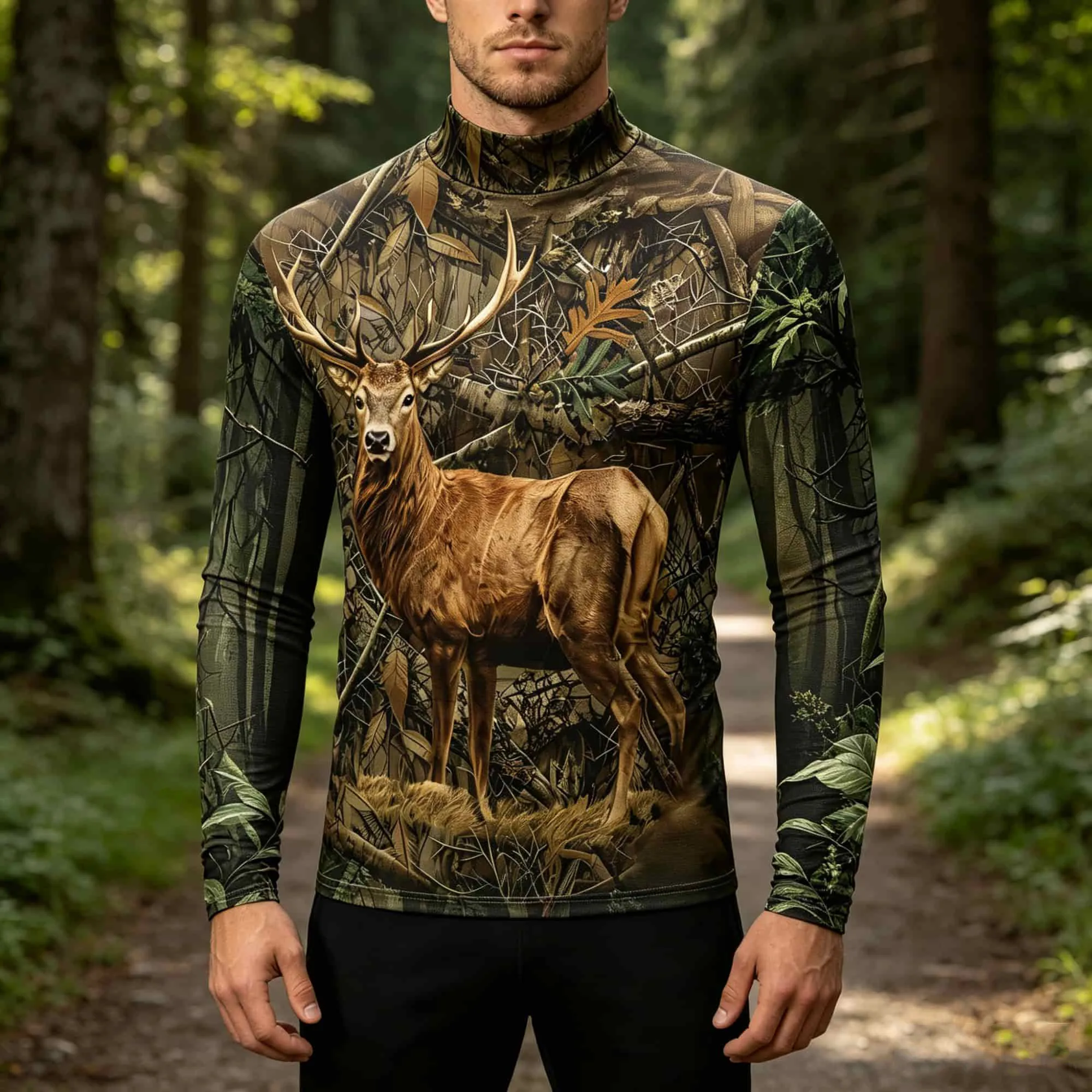 Hunting Outdoor Style Men 3D Deer Forest Camo Graphic Mock Neck Long Sleeve Casual Tee For Autumn