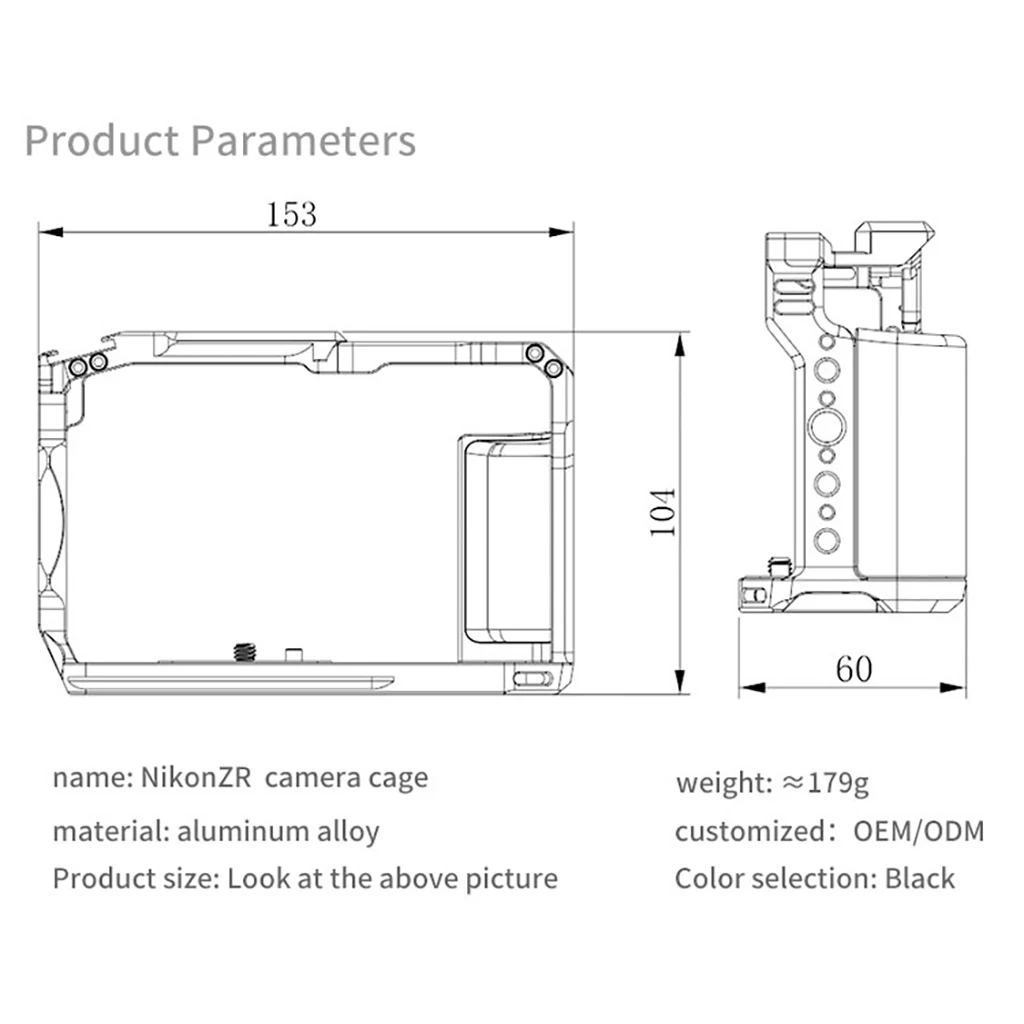 ZR DSLR-Kamerakäfig für Nikon ZR mit 1/4 3/8 Zoll Gewindebohrungen, Cold Shoe Mount, NATO-Schiene, Mikrofon- und Lichthalterung, Kamera-Schutzrahmen – Detail 3