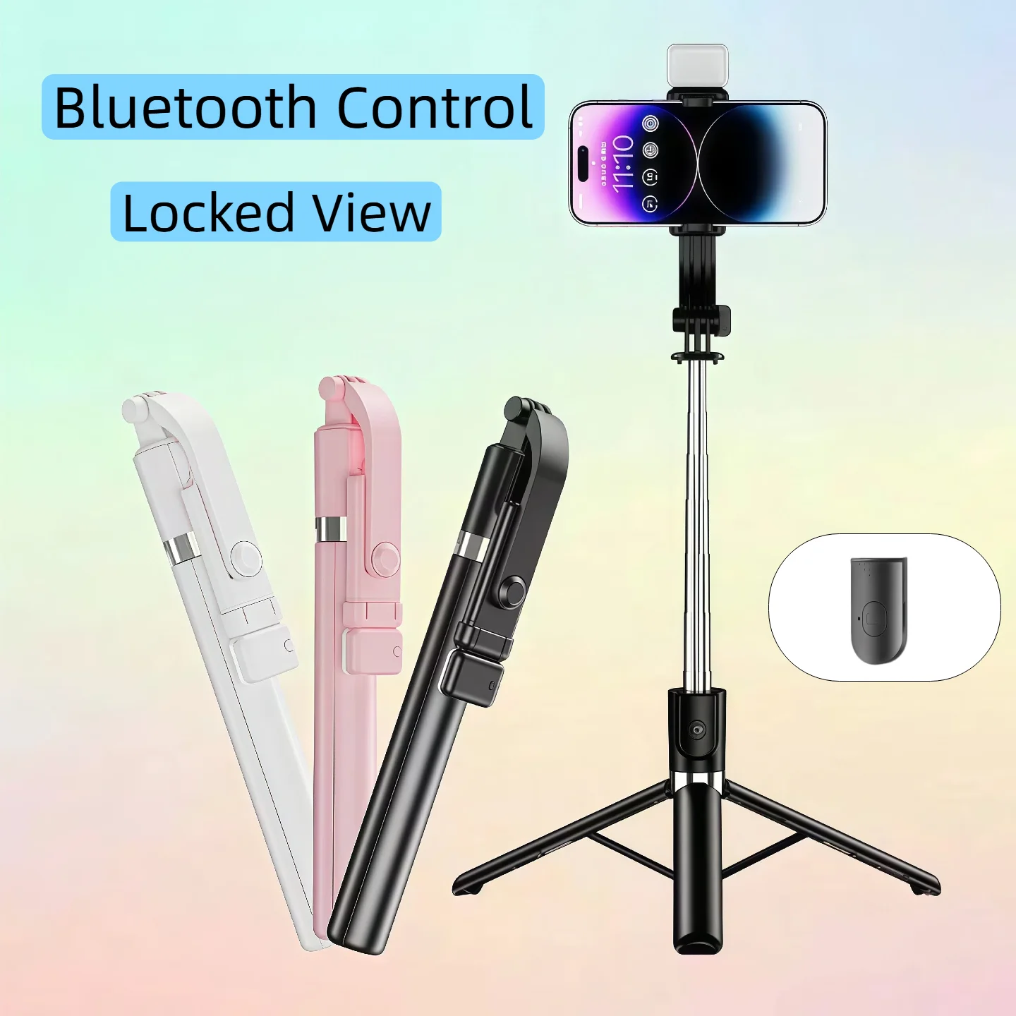Tripé portátil para selfie com luz de preenchimento ajustável e controle remoto Bluetooth para iPhone