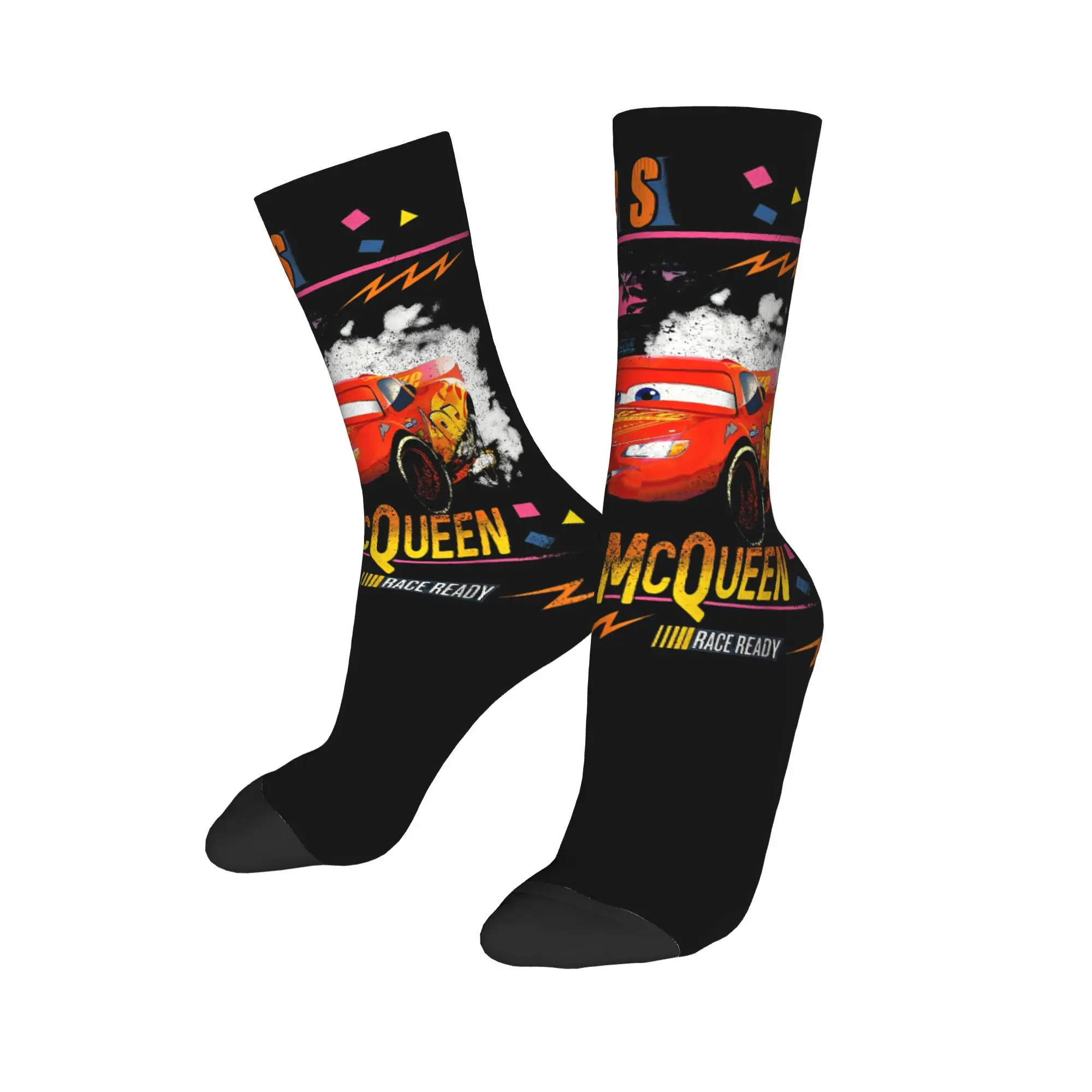 Harajuku Cars Lightning McQueen Tree Sunset Stockings Football Socks Cartoon Polyester Crew Socks for Unisex Non-slip