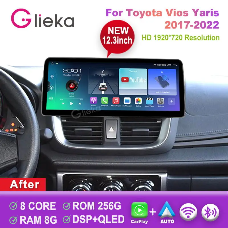 

12.3 inch Carplay Screen Android For Toyota Vios Yaris 2017 - 2022 Car Radio Stereo Multimedia Player GPS Navigation Head Unit