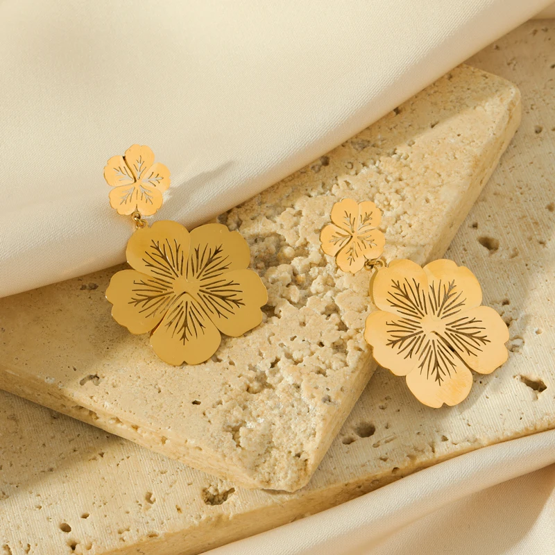 EILIECK 316L Stainless Steel Gold Color Flower Drop Earrings For Women Fashion Ear Dangle Waterproof Jewelry Holiday Gift Bijoux image 3