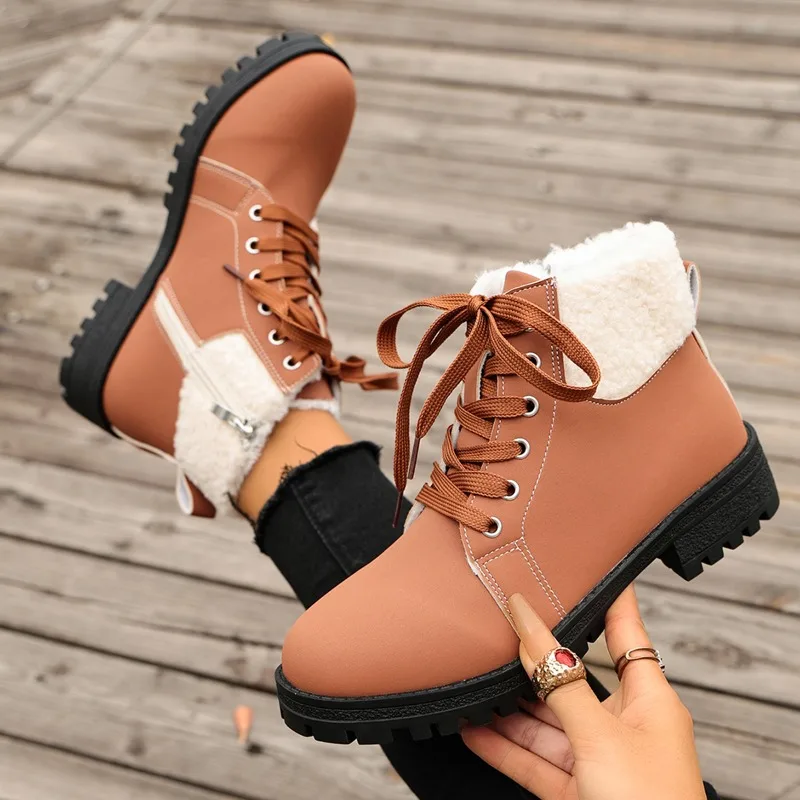 Winter Fashion Fleece Lined Lace Up Women's Snow Boots 2026 New Simple Style Thick Soled Anti Slip Warm Casual Women Boots