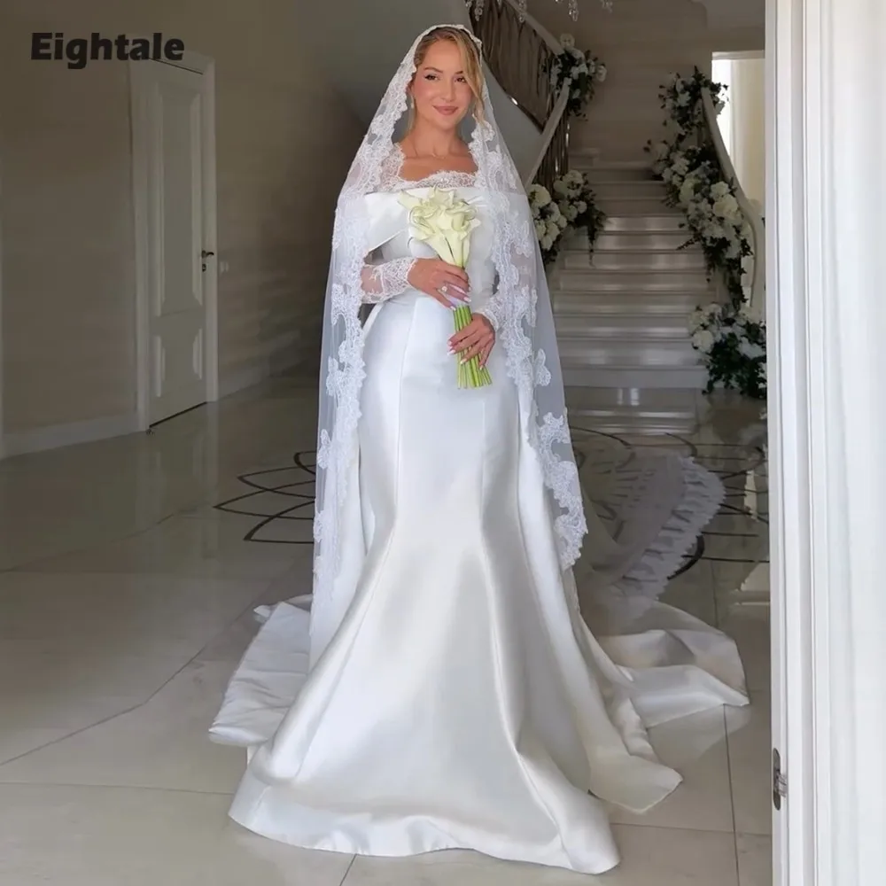 

Eightale Arabic Wedding Dress Scoop Lace Customized White Ivory Satin Long Sleeves Muslim Bridal Gown Mermaid Bride Party Dress