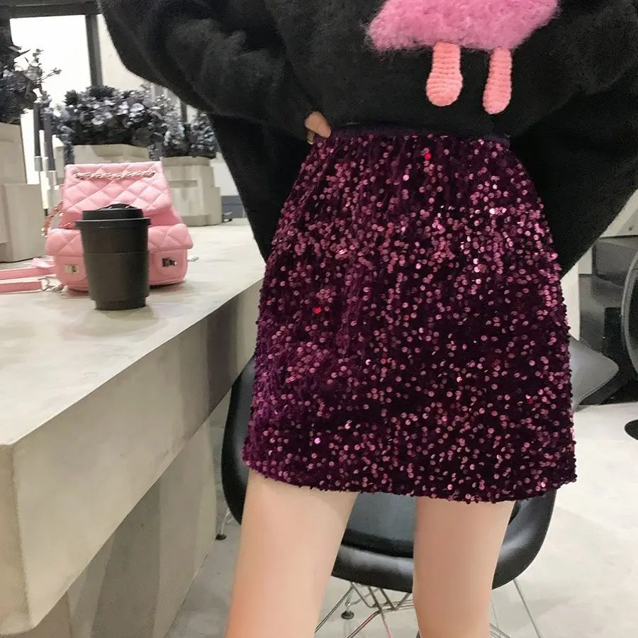 

2024 Spring New Women's Elastic Waist Sequin Short Skirt Slimming Retro A-line Skirt