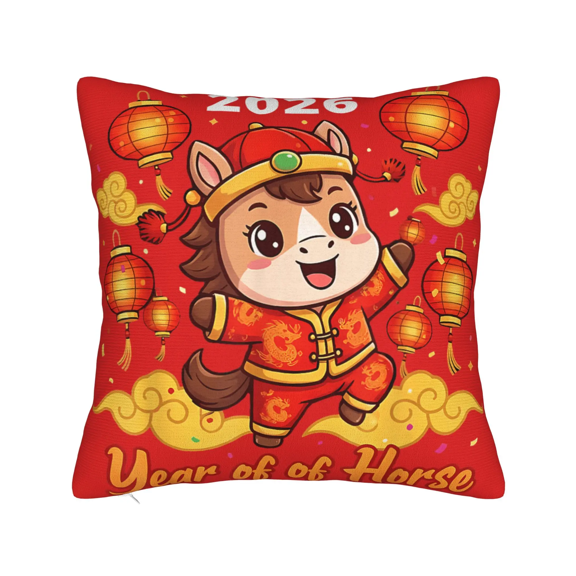 New Year 2026 Horse Happy Chinese New Year 2026 Pillow Cover  Retro Pillow Case For Chair Sofa Home Decor Graphic Pillowcases