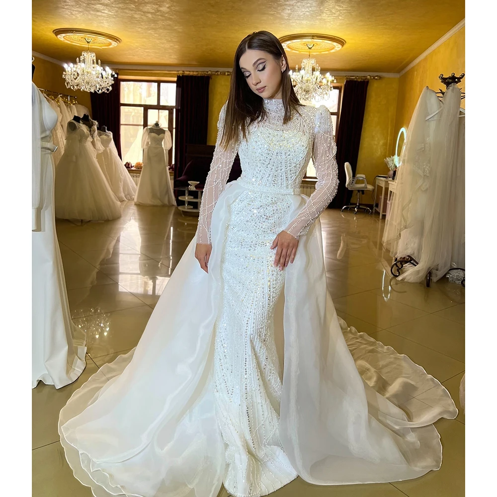 Elegant Pearls Mermaid Bridal Dress With Detachable Train 2024 Luxury High Neck Long Sleeves Over skirt Wedding Gowns Customized