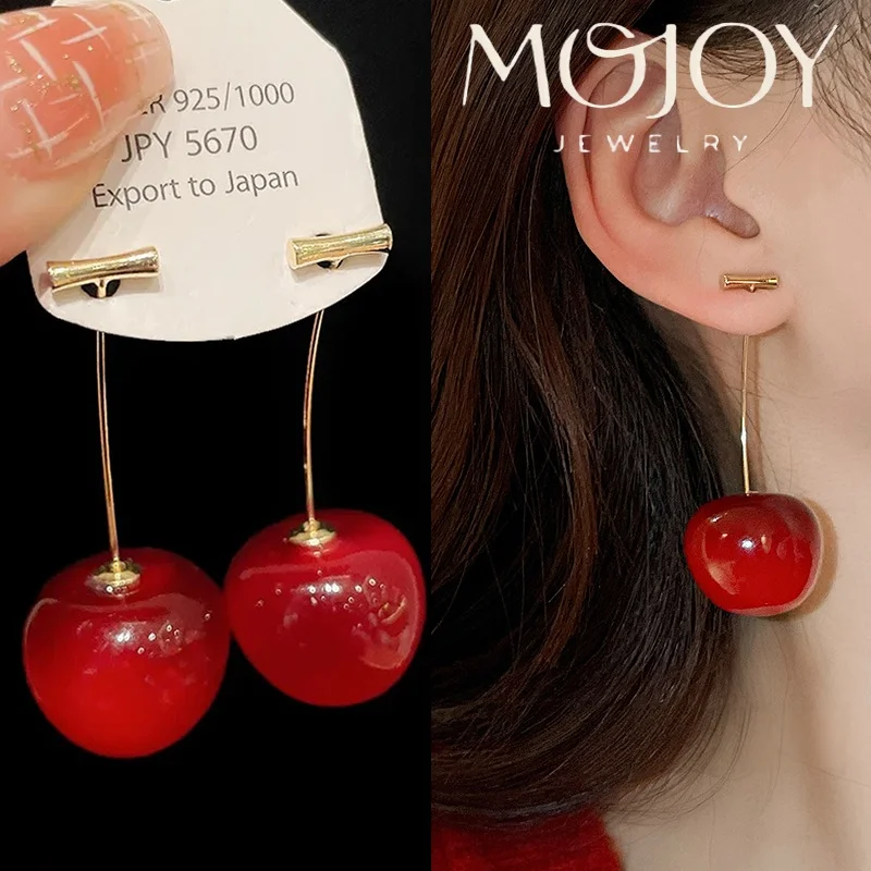 MOJOY Cute Red Cherry Drop Earrings for Women Long Wire Fruit Dangle Earring Sweet Aesthetic Fashion Party Jewelry Gift
