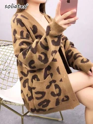 Harajuku Oversized Sweater New Autumn Winter Leopard Cardigan Casual Loose Female Knitted Open Stitch V-neck Jumper C-108