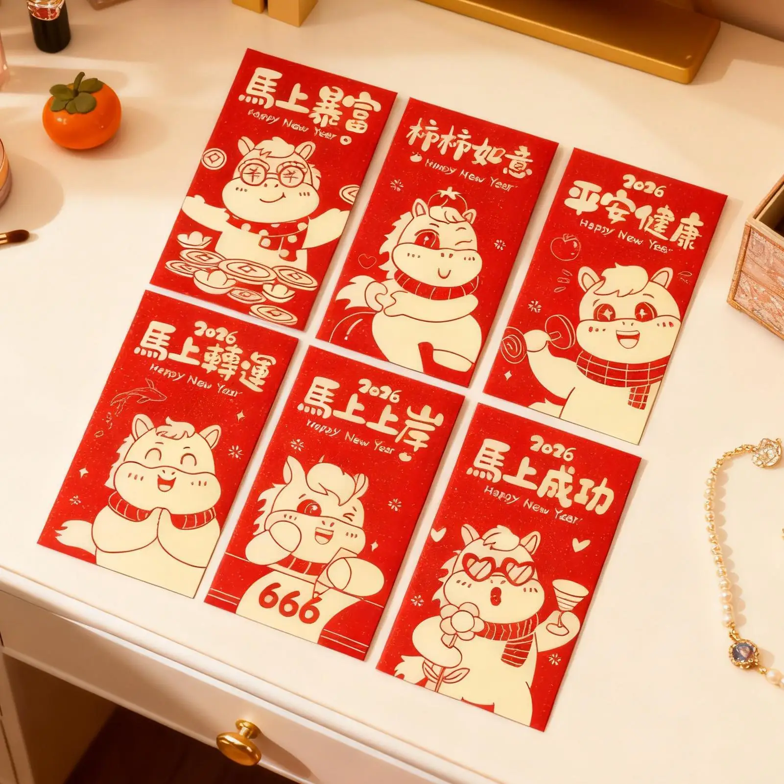 ซองอั่งเปาสีแดงปีม้า 6 ชิ้น ซองอั่งเปาเทศกาลฤดูใบไม้ผลิ ซองอั่งเปาสีแดงแบบจีน ปีม้า