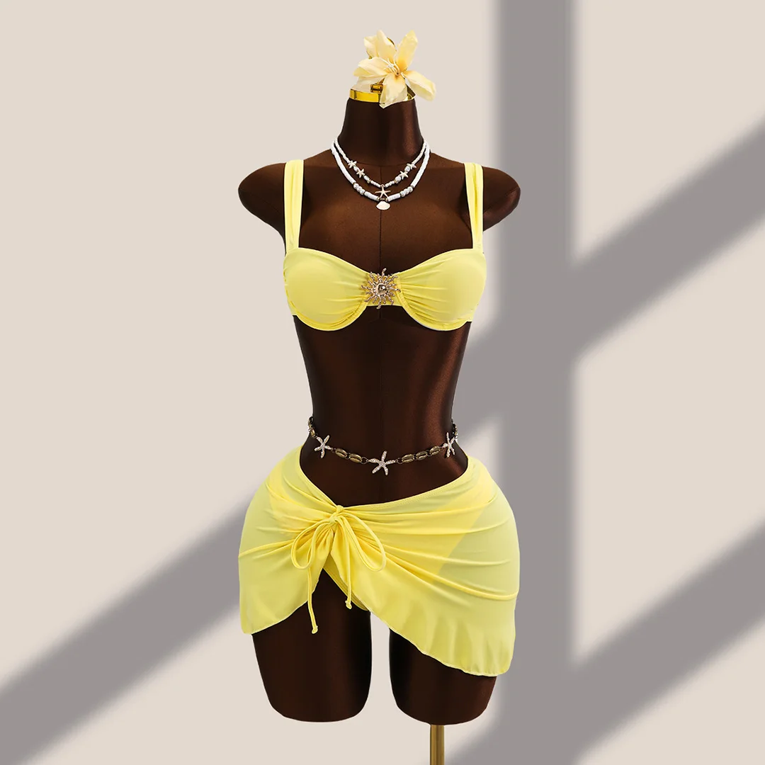 3-teiliges Set mit Rüschenrock, Bügel-Bikini, Damen-Badeanzug, Damen-Bademode, dreiteiliges Bikini-Set, Badebekleidung, Badeanzug, Schwimmbekleidung V7683H – Detail 12