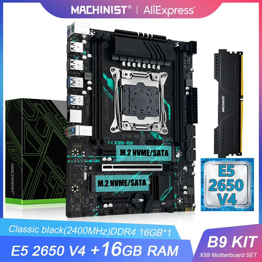 MACHINIST B9 키트 마더보드 LGA2011-3 인텔 제온 E5 2650 V4 CPU 프로세서 세트, ECC DDR4 16GB RAM 듀얼 M.2 NVME SATA M-ATX, X99 