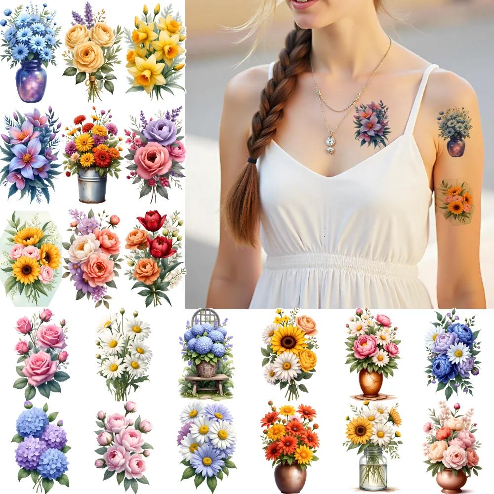 

28 шт., временные татуировки с цветочным узором, иллюстрации, узоры для букета, временные татуировки, наклейки для рук, щек, девочек