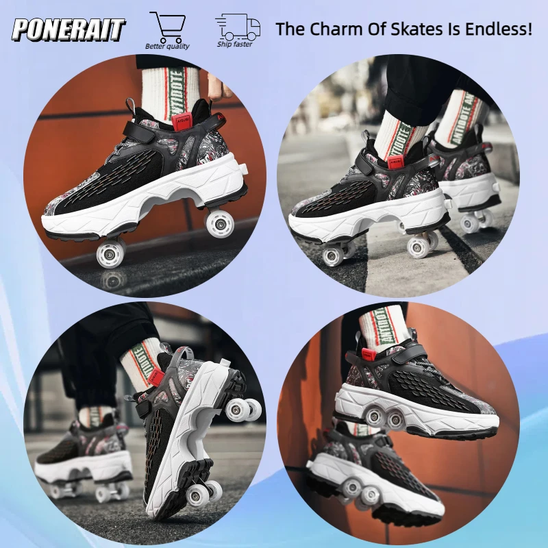 4-Wheel Professional Double Row Skates Deform Roller Skate Shoes Youth Sneakers Parkour Street Deformation Shoes Gift for Kid