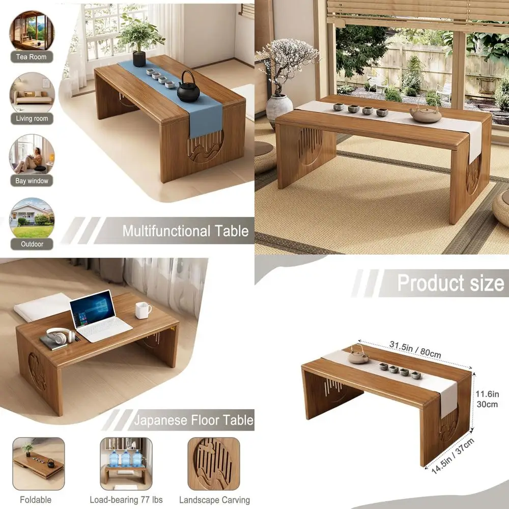 

Низкий бамбуковый кофейный столик в японском стиле, 80 см, для дзен-интерьера и чайной комнаты