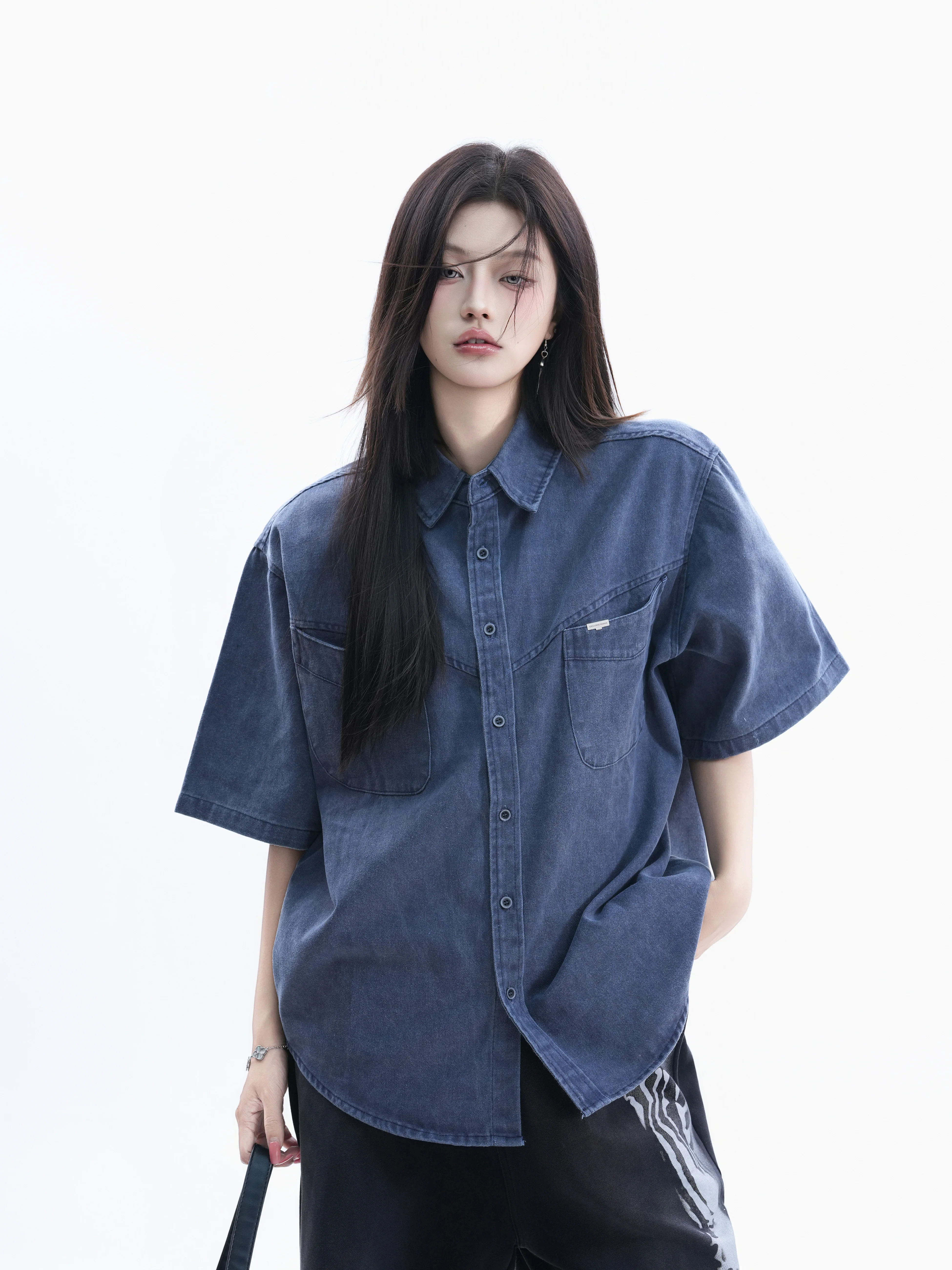 

American Style Worn-look Denim Shirt Loose Short Sleeve Double Pocket Design Couple's Casual Cotton Top Small Ball Ball