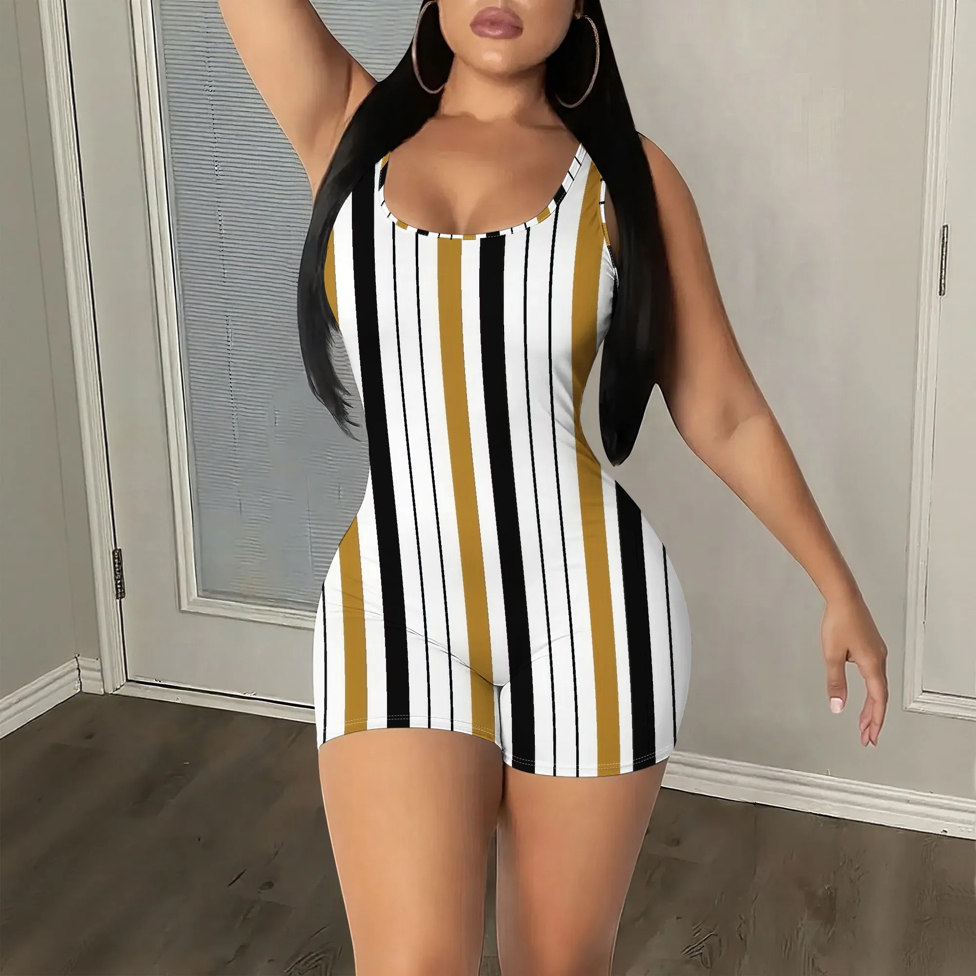 

Striped Playsuit, Vertical Striped Romper, Sleeveless Jumpsuit, V-Neck Shorts Set, Casual Beach Clubwear for Women, S-2XL
