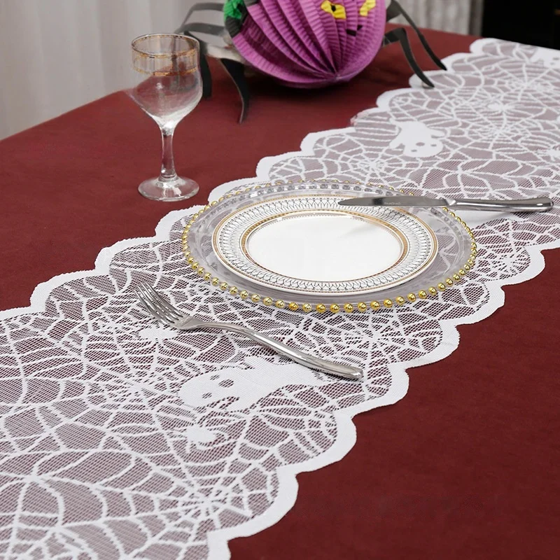 

New Halloween Table Runner White Lace Spooky Spider Web Holiday Decoration Long Table Runner Dining Table Tv Cabinet Decor
