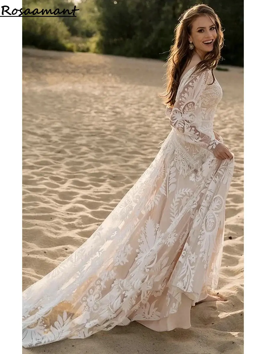 Bohemain V-Neck Long Sleeve Tassel A-Line Wedding Dresses Open Back Appliques Lace Country Boho Bridal Gowns